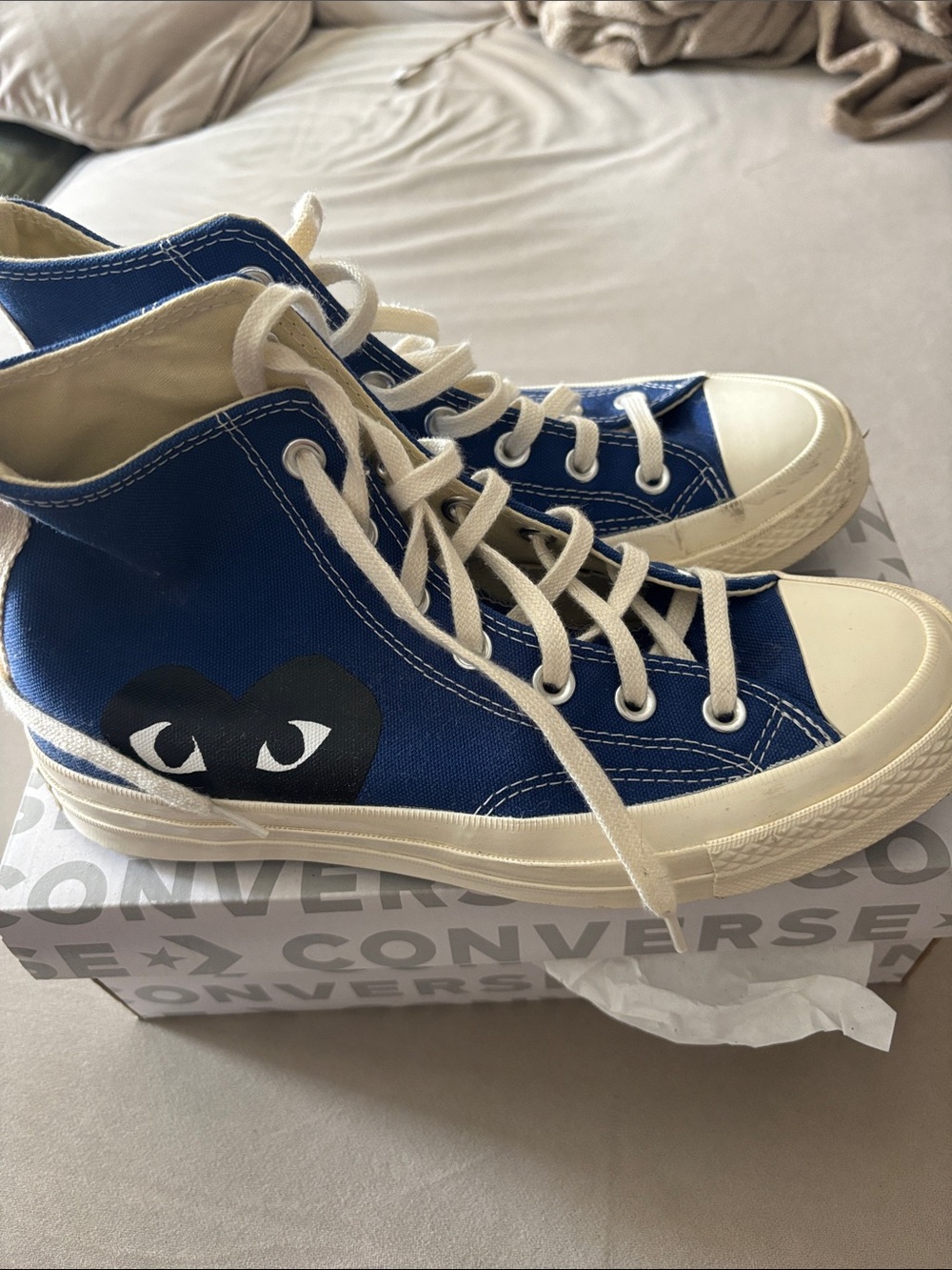 Comme des Garcons Blue Canvas High-Top Sneakers with Black Heart